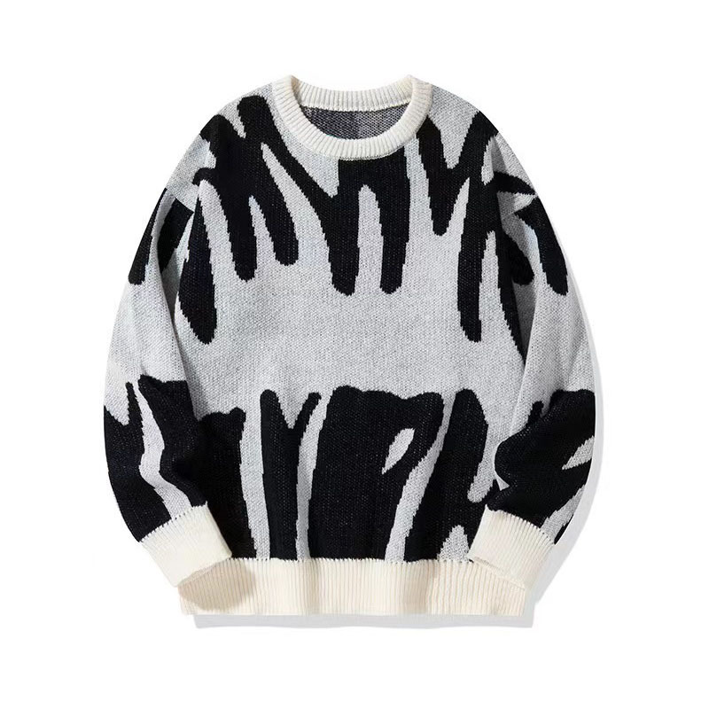 Men's Autumn Winter New Trendy Version Personality Round Neck Jacquard Sweater Youth Black White Jacquard Plus Size Knitted Sweater 3 3