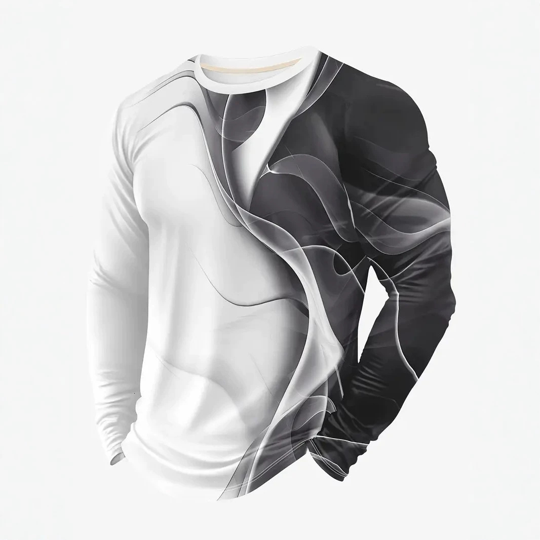 2026 Autumn And Winter 3D Color-Block Long-Sleeve Round-Neck Milk Silk Men's Athletic T-Shirt, Quick-Drying Free Shipping