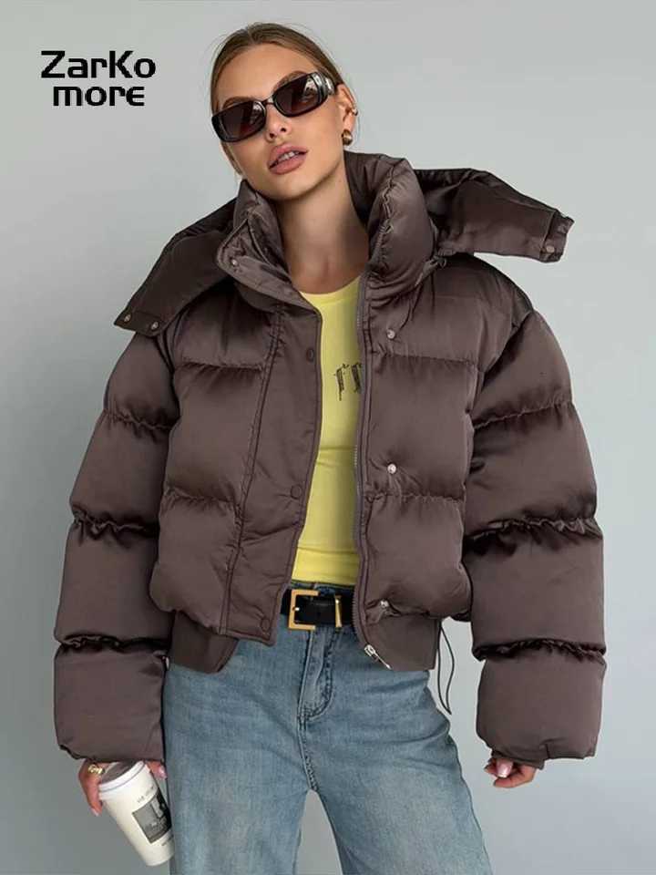 Women's Down Parkas Women's Puffy Cotton Hooded Coats Loose Stand Collar Zipper Pockets Elastic Hem Padded Cropped Coat 2026 Winter Lady J