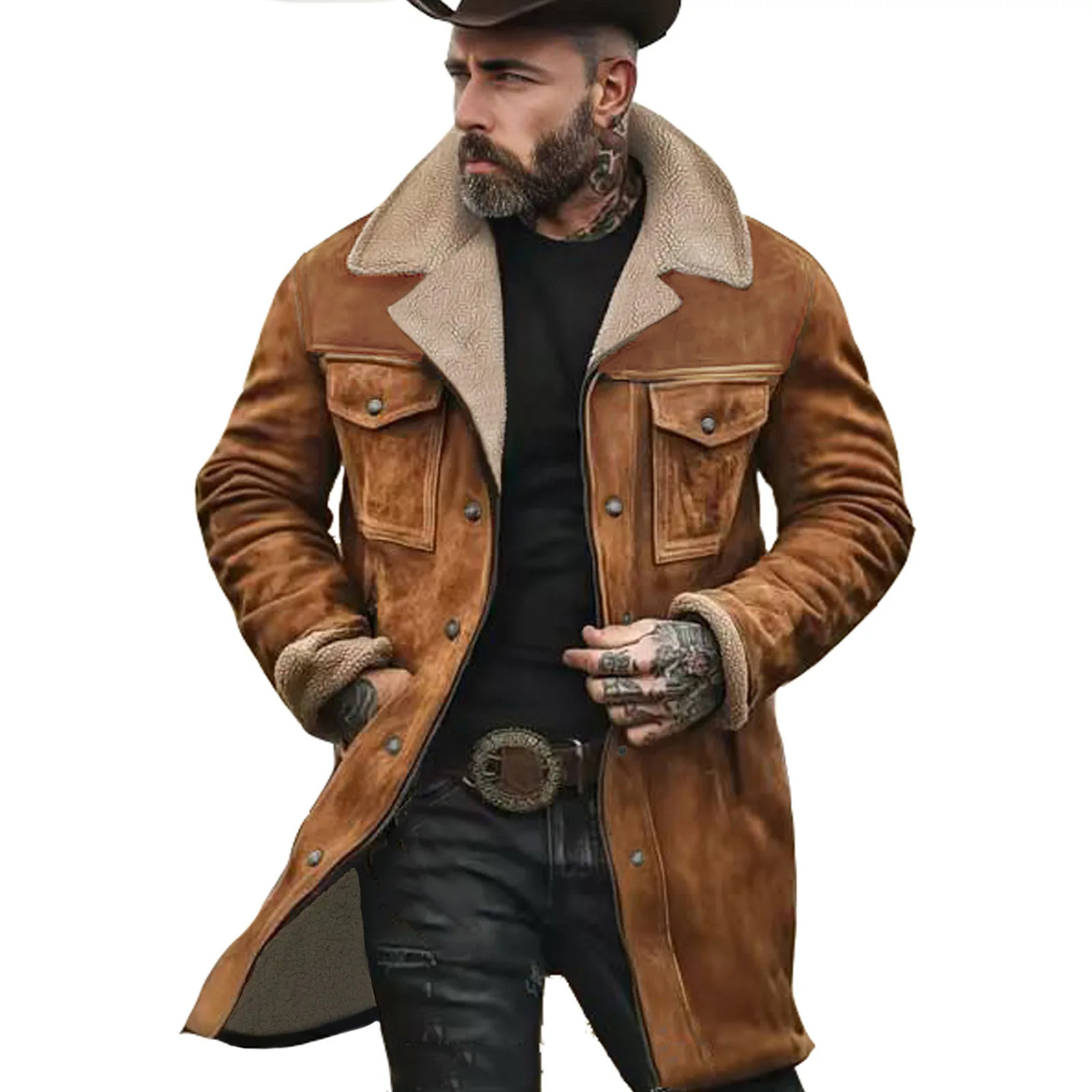 Men's Autumn Winter Casual Lapel Zipper Fleece-lined Jackets Mid-length Suede Overcoat Male Multi-pocket Thicken Trench Coat 261013