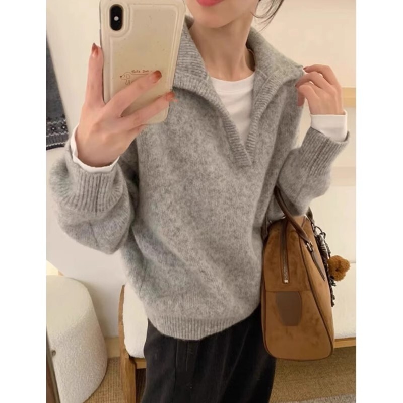 Lapel 100% Cashmere Knitted Women Loose Wool Top Pullover Sweater For Autumn And Winter Mdng26930