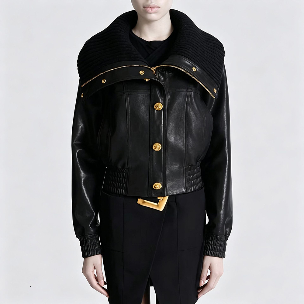 HIGH QUALITY Newest Fashion 2026 Designer Women's Slim Fitting Knitted Collar Faux Leather Jacket