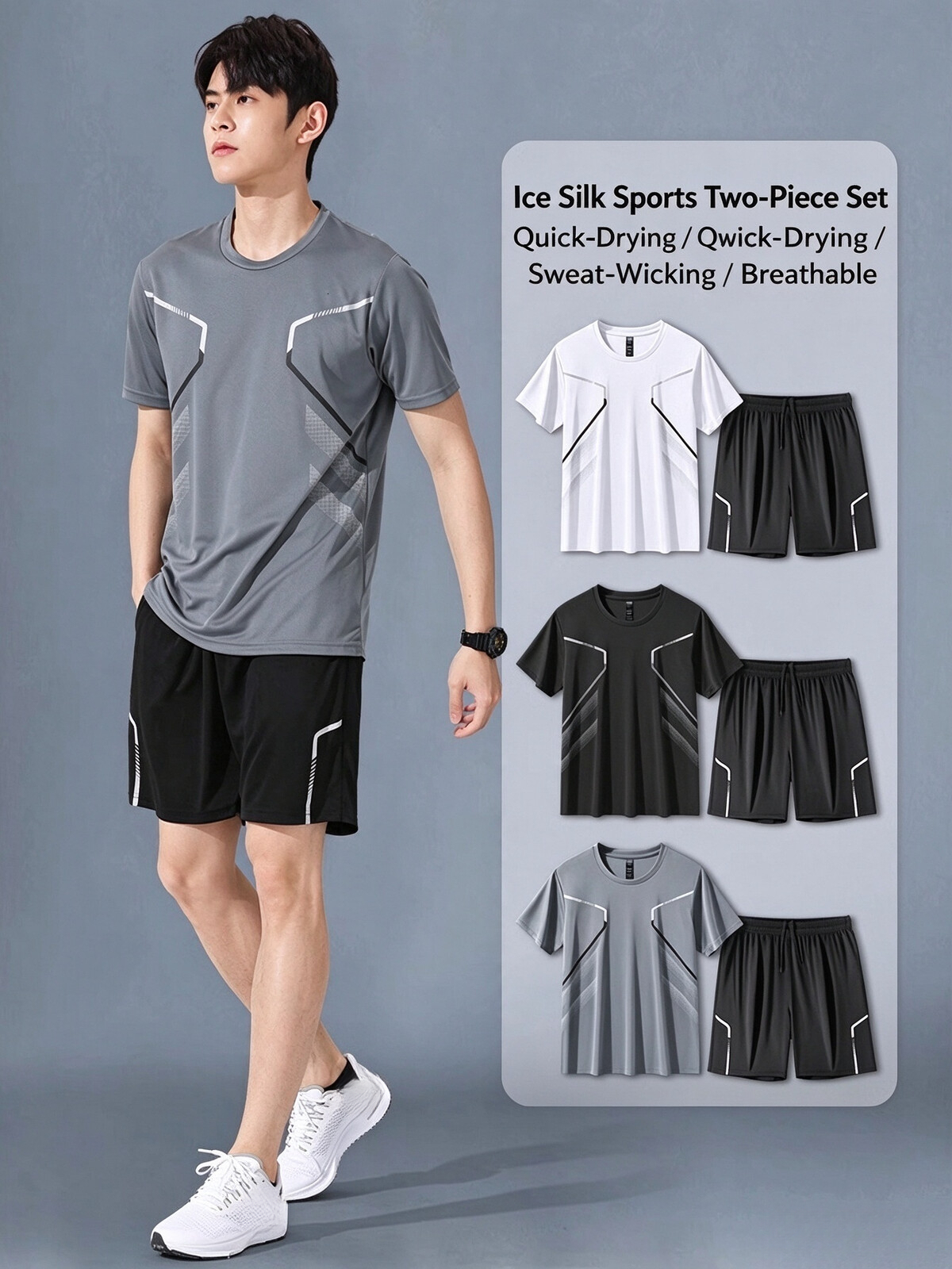 Cross-border sportswear set for men, running short-sleeve ice silk summer quick-dry clothing, basketball wear, badminton fitness clothes, shorts