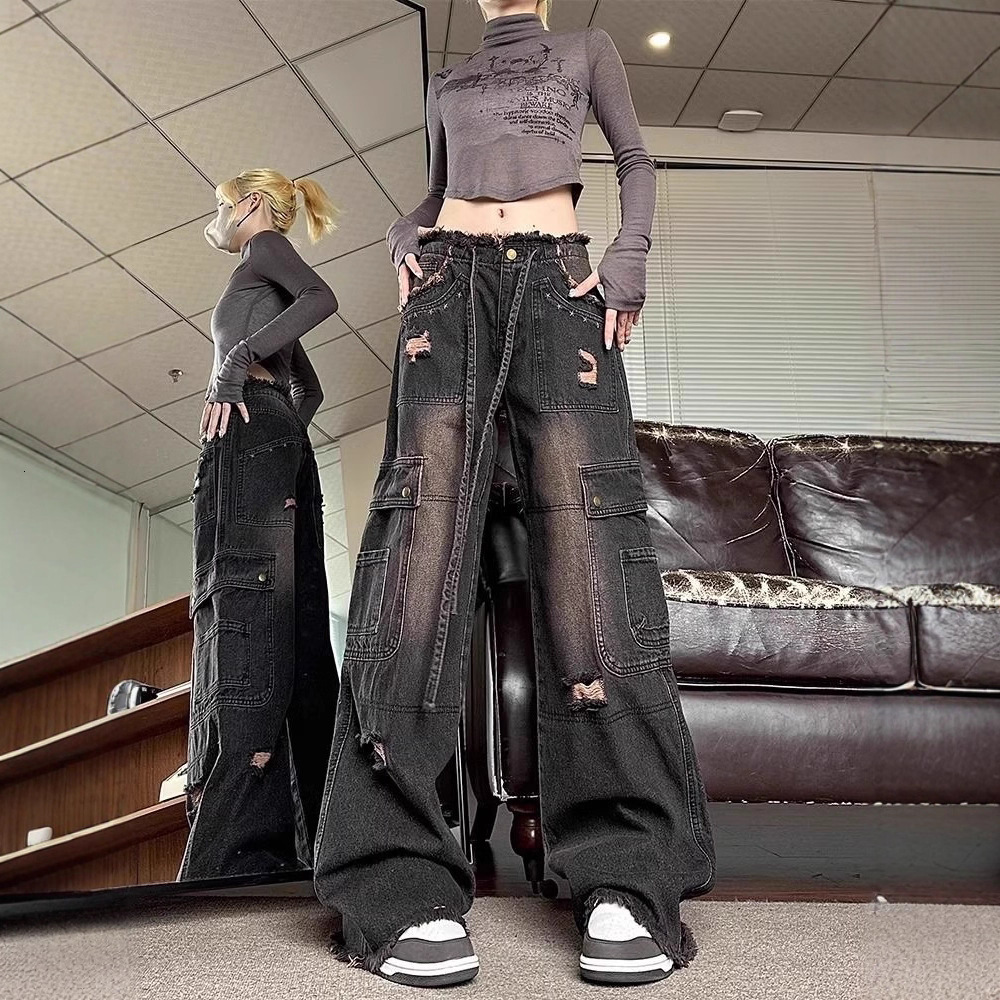 Women High Waist Straight Wide Leg Jeans Raw Hem Denim Pants Retro High Street Style Spring Autumn Casual Daily Wear Versatile Floor Length Trousers