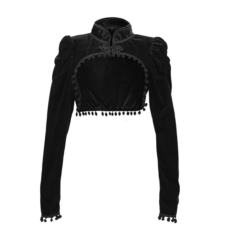 Flannel Tassels Stand Collar Extra Short Medieval Steampunk Jacket Women Gothic Coat Black y2k Clothes Vintage Top With Sleeves 261017
