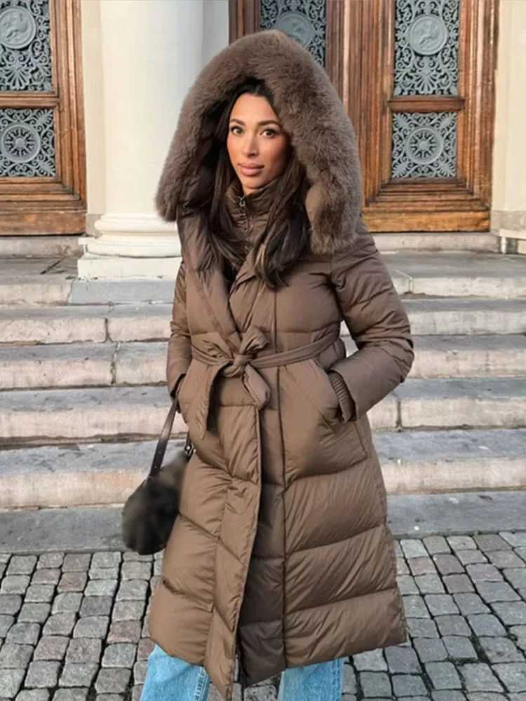 Women's Down Parkas Warm Lace Up Women's Thicken Cotton Jacket Winter Hooded Faux Fur Collar Zipper Long Coats Lady 2026 Female Street Ove
