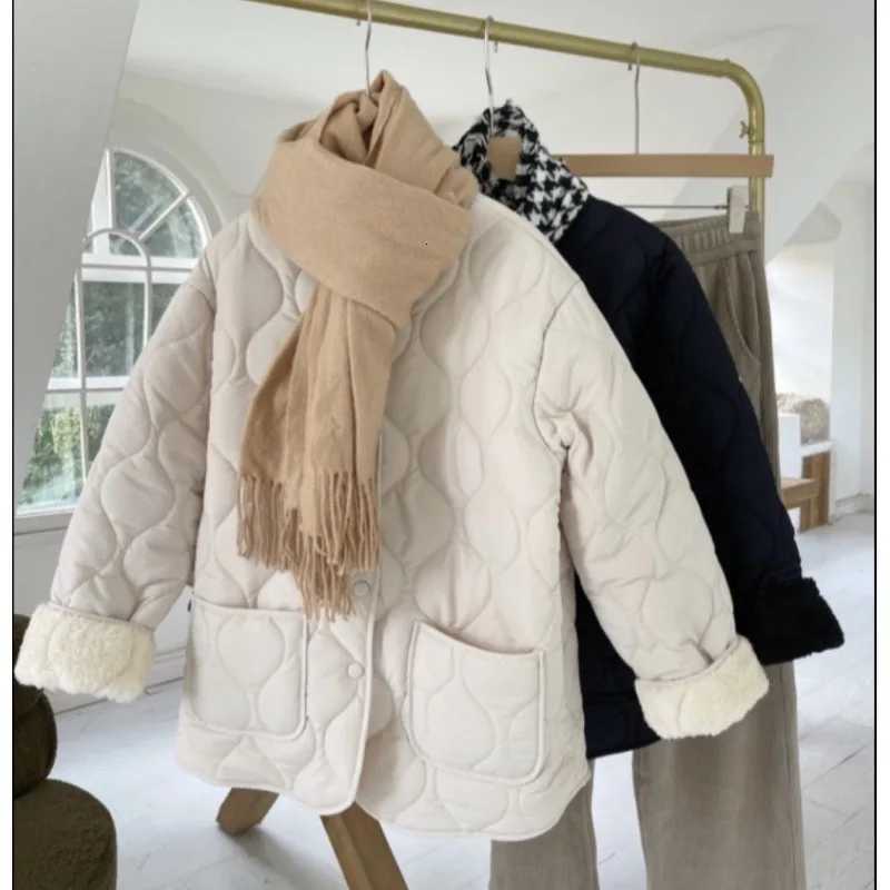 Women's Down Parkas Warm Lamb Fur Splicing Lightweight Diamond Grid Winter Korean Loose Small Fragrance Style Diamond Grid Cotton Jacket WomenT