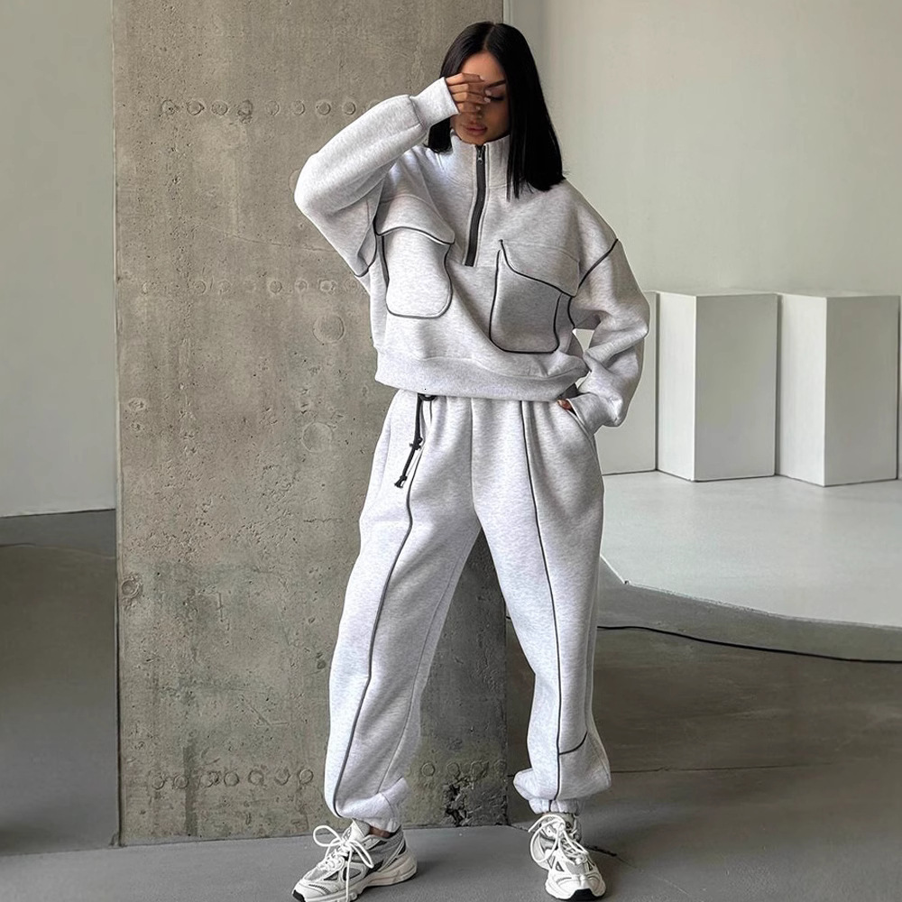 Tracksuit Women Two Piece Set Women Casual Street Style High Waist Solid Pants Set Winter Warm Lapel Neck Jogging Outfits Clothes Tops