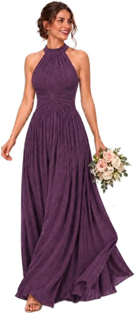 Elegant Purple Bridesmaid Dresses A Line Halter Neck Formal Empire Waist Evening Gowns Pleated Glitter Wedding Guest Maid of Honor Dress