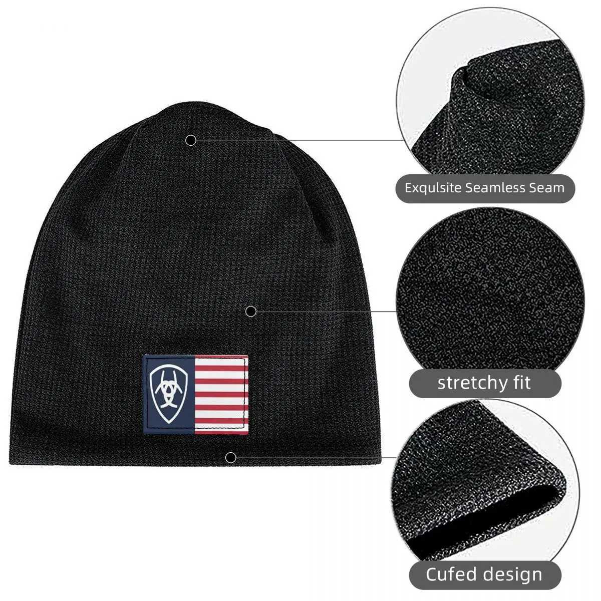 Beanie/Skull Caps Ariat Distressed American Flag Print Waffle Knit Fleece Lined Beanie with PU Leather Patch Unisex Warm Winter Soft CapT261017