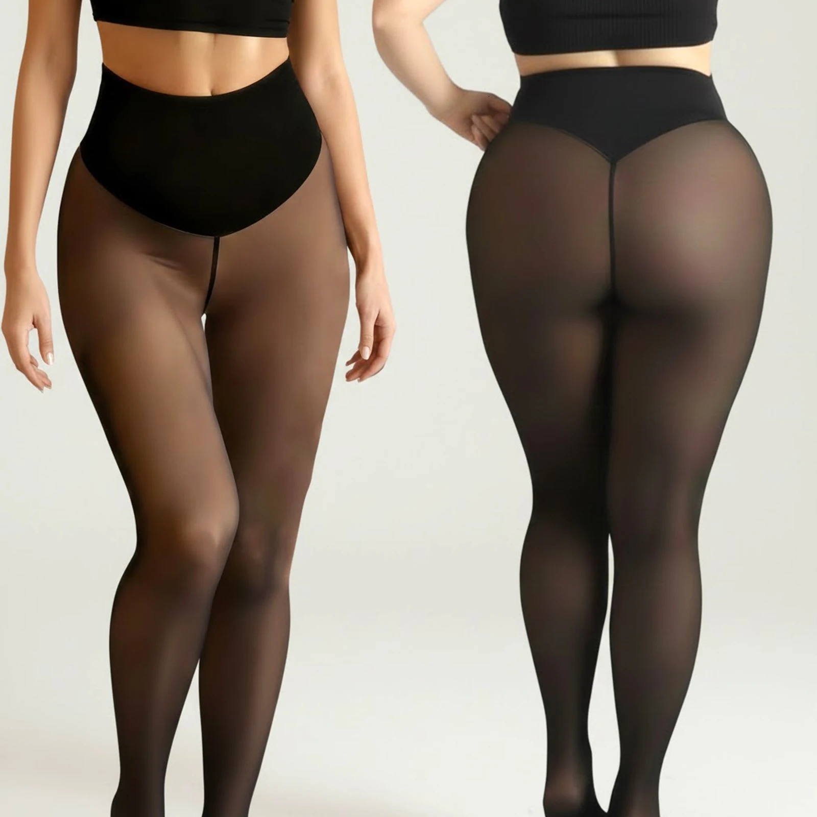 One Seam Fleece Lined Leggings Compression Band Translucent Tights Sheer Warm Stocking Skin Tone Pantyhose Plus Size 261014