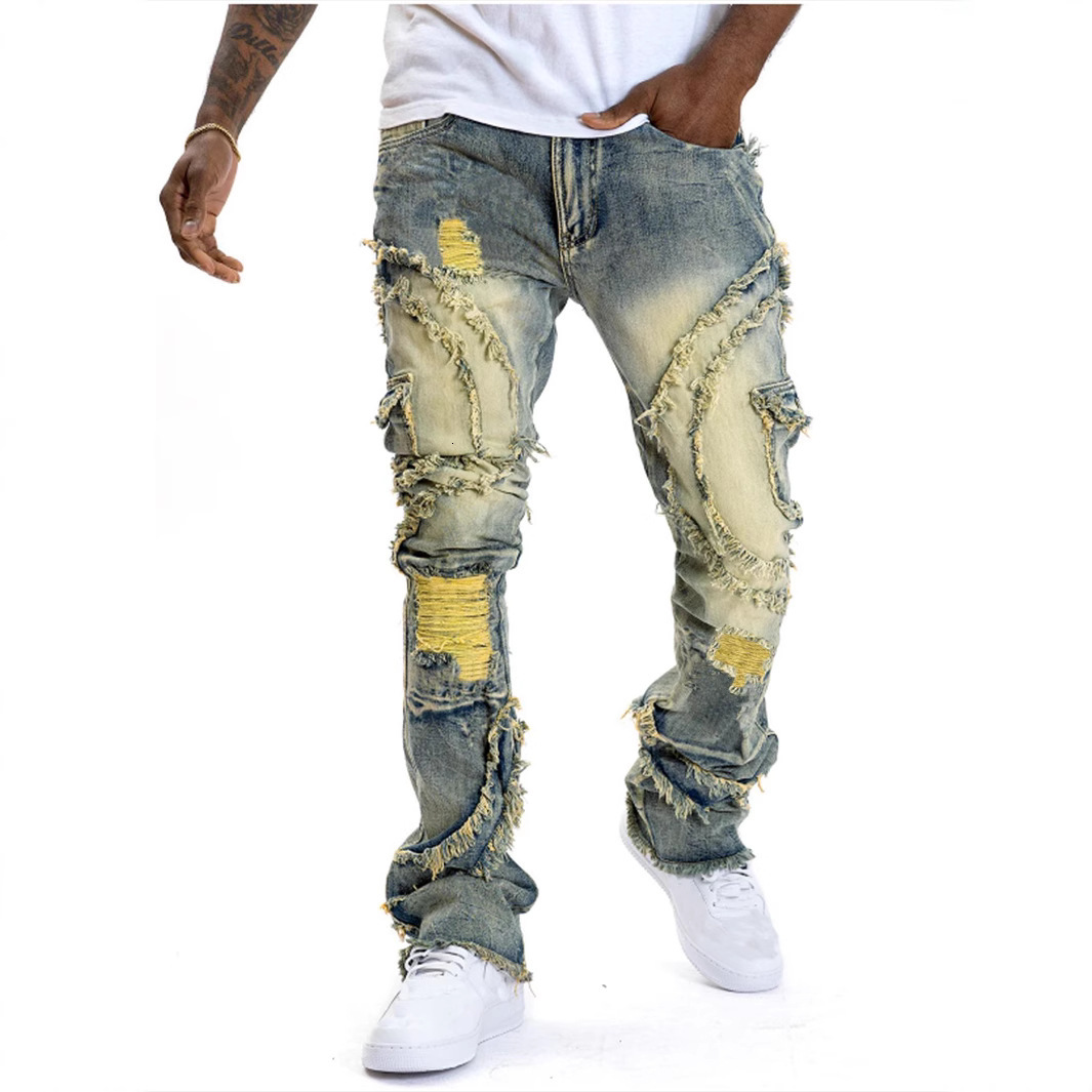 Men Ripped Flared Tassel Stretch Jeans Denim Pants European American Trend Casual Street Style Daily Wear Versatile Long Trousers For Guys