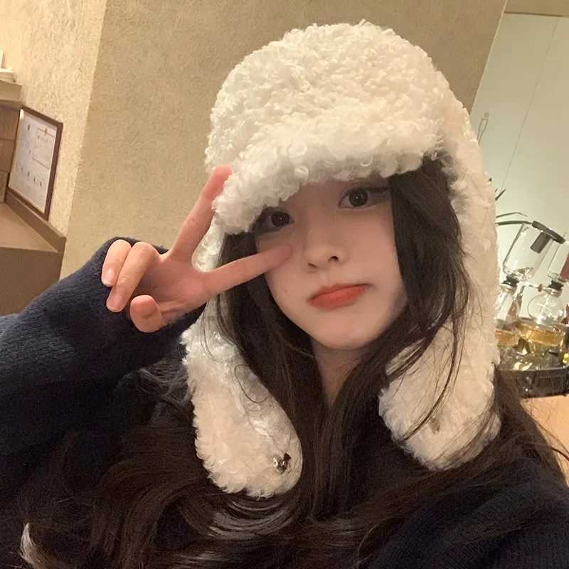 Trapper Hats Japanese Retro Solid Color Imitation Lamb Wool Bomber Hat Autumn and Winter Outdoor Leisure Warm Versatile Ski Caps for WomenT261017