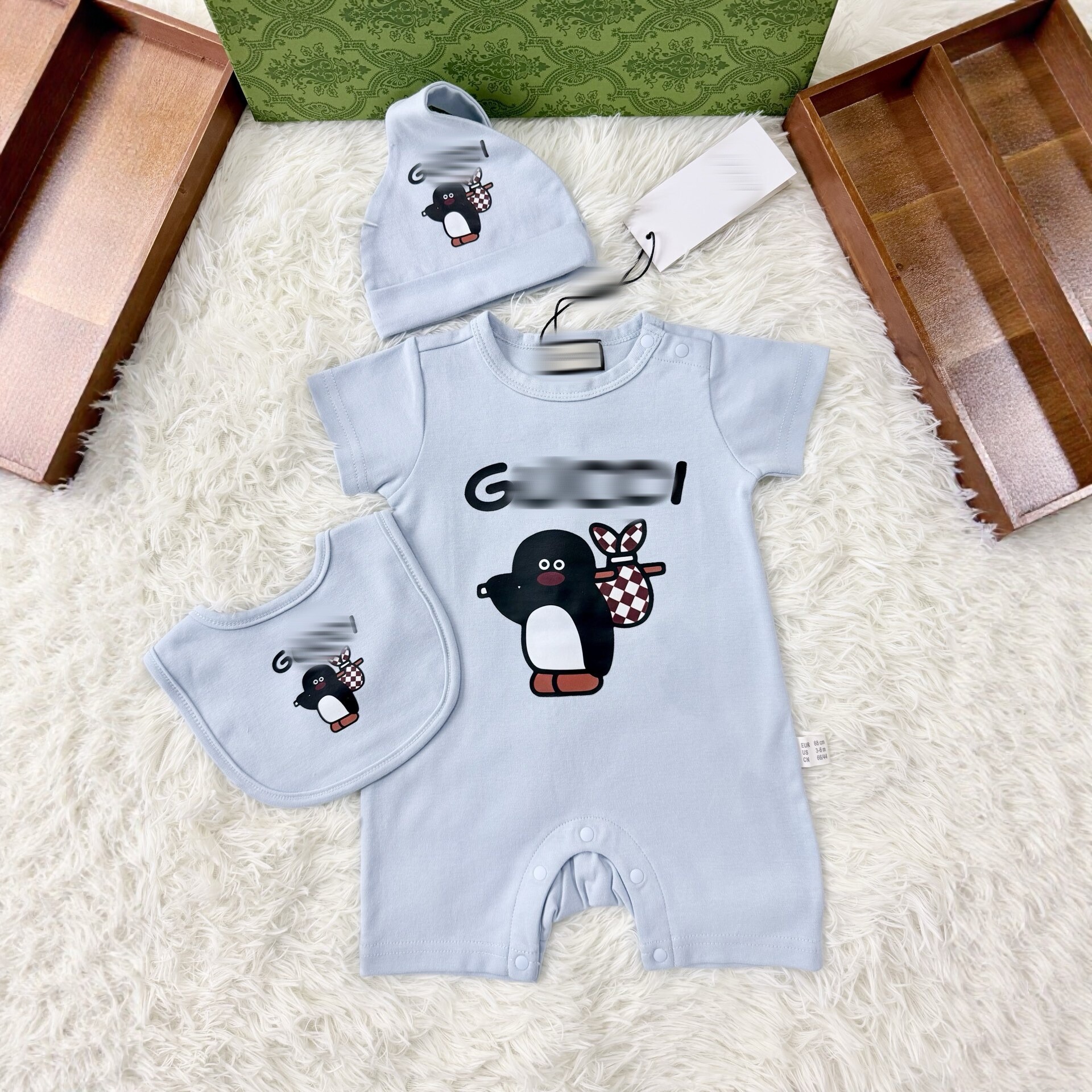 Baby summer short sleeved jumpsuit three piece set cartoon penguin pure cotton crawling suit for boys and girls cute set summer outfit