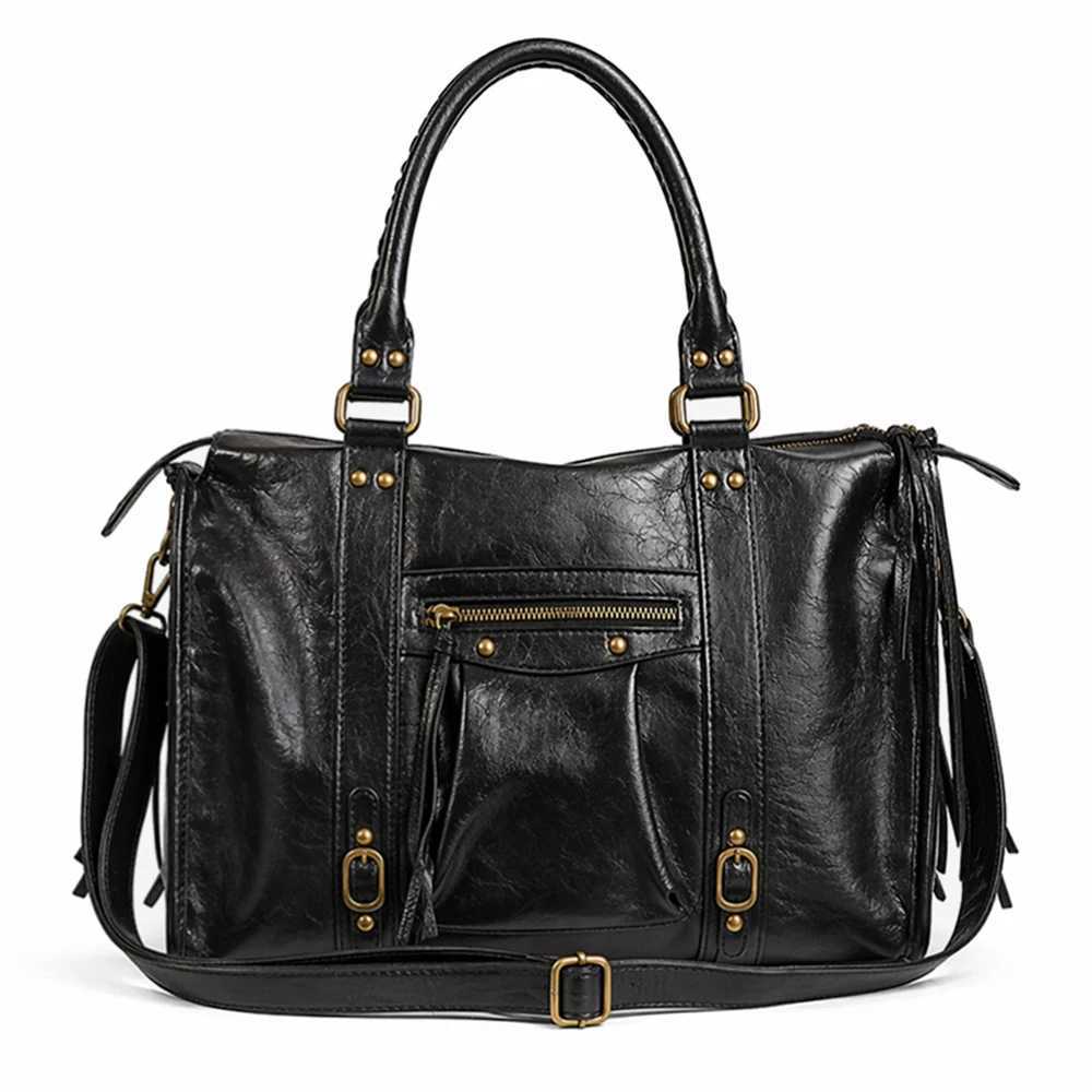 Evening Bags Totes SHELKSBAG Vintage Distressed PU Leather Motorcycle Handbag Large Capacity Tote Bag Fringe Multi Shoulder Crossbody Bag H261016