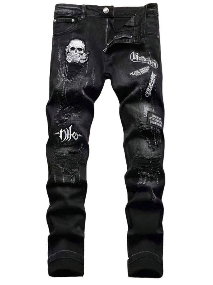 Mens Black Distressed Jeans Skull Patch Embroidery Letter Print Slim Fit Stretch Denim Pants Street Fashion Biker Trousers 261016