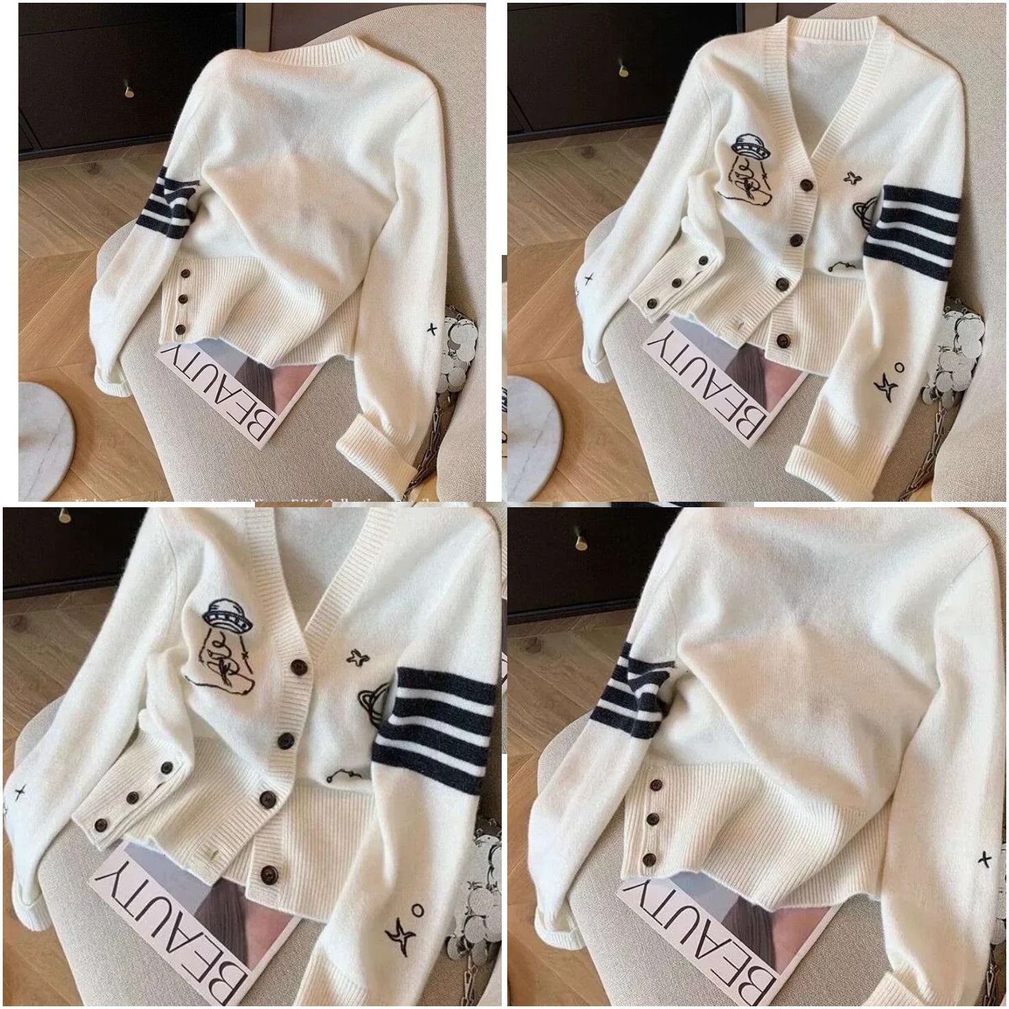 Jacket Sports Knit Cardigan With Cartoon Embroidery Design Long Sleeve Button Front Casual Sweater White Autumn Winter Wear