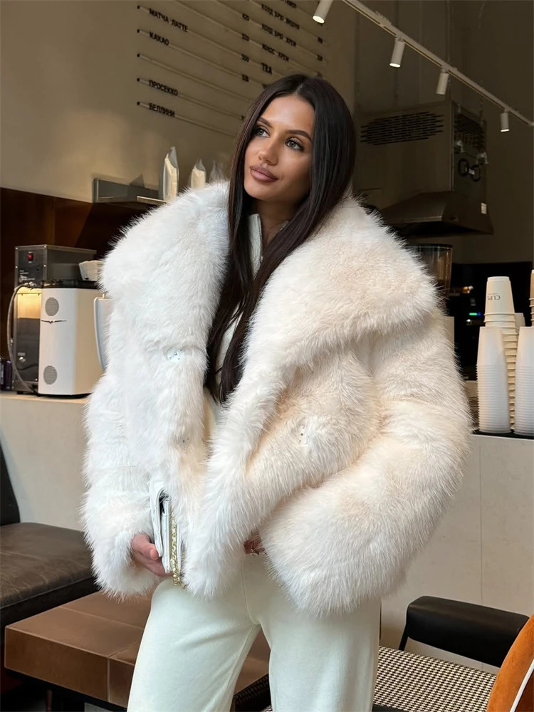 TARUXY Solid Faux Fur Lapel Women's Coat y Gradient Cropped Fluffy Fur Jacket Coat Winter Thicken Outerwear High Street 261015