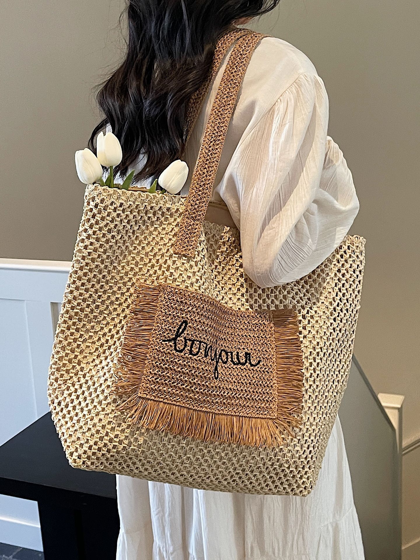 Women's woven new summer model beach vacation large capacity straw seaside shoulder bag dhmallking
