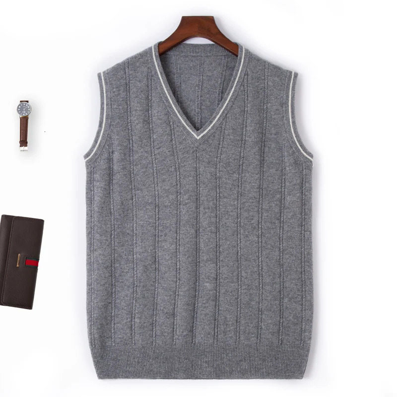 AutumnWinter 100% Merino Wool V-neck Sleeveless Cashmere Vest Men Sweater Color Block Knit Male Waistcoat High Quality 261015