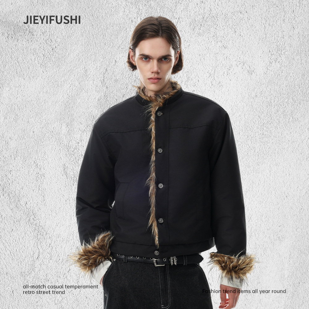 Men's Winter Warm American Punk Style Loose-Fit Solid-Color Button-Down Short Cotton Jacket With A Faux Fur And Stand-Up Collar Makoufei