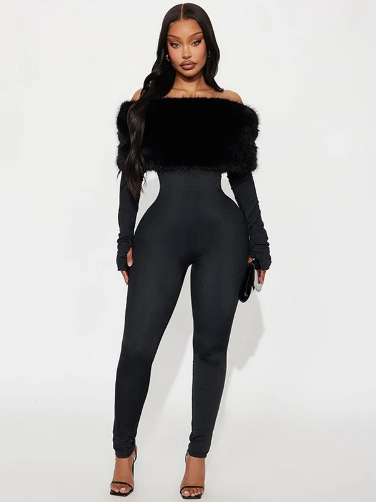 Wmstar Jumpsuit Women Wholesale Off Shoulder Sexy Furry Long Sleeved Tight One Piece Trousers for Girls in Fall and Winter 261016