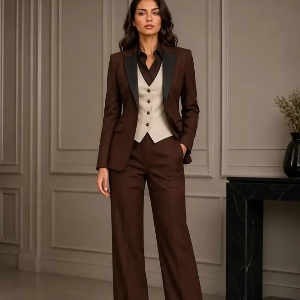 Womens Vintage Coffee Brown 3 Piece Suit Blazer Beige Vest Wide Leg Pants Set Wedding Guest Prom Formal Outfit Customized 261015