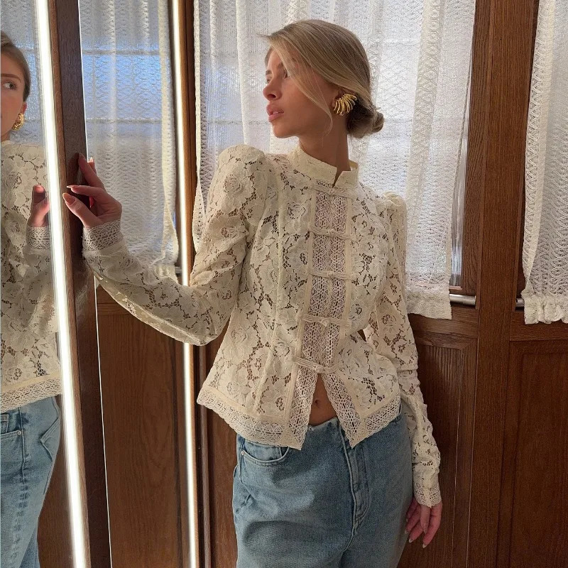 Women's 2026 Vintage White Blouse Elegant Embroidery Puff Sleeve Hollow Out Lace Stand Collar Casual Summer Top 261015