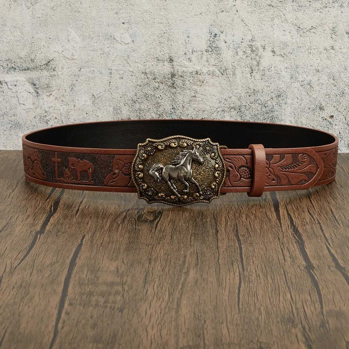 Belt 1pc Women Brown Western PU Leather Cowgi Waist Belt With Horse Buckle For Jeans Dress M261016