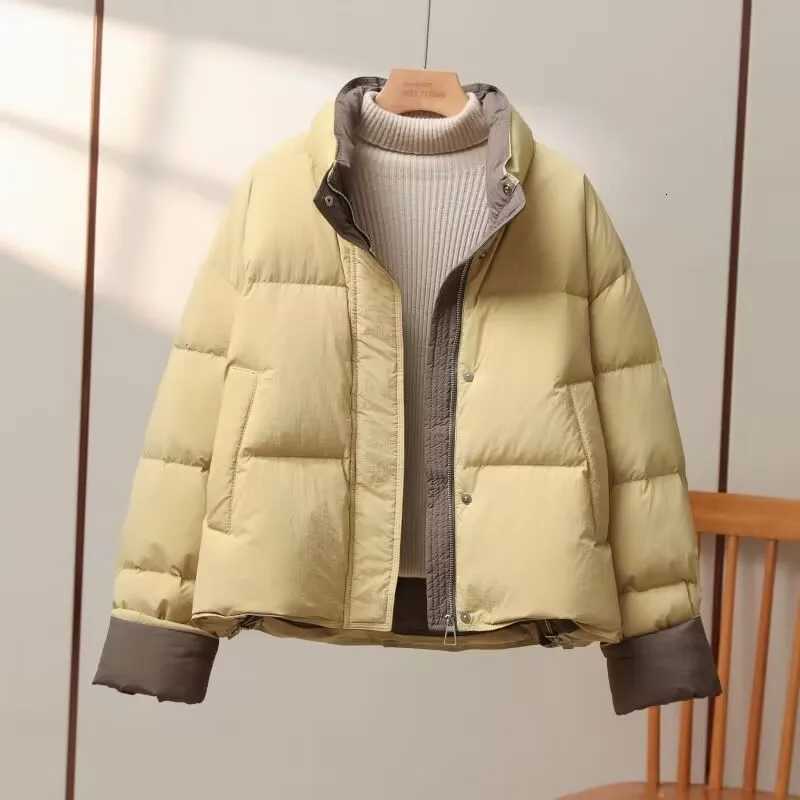 Women's Down Parkas Color Block Short Cotton Jacket Stand Collar Loose Fit Thick Winter Outerwear for Small Stature Women Trendy Korean StyleT2