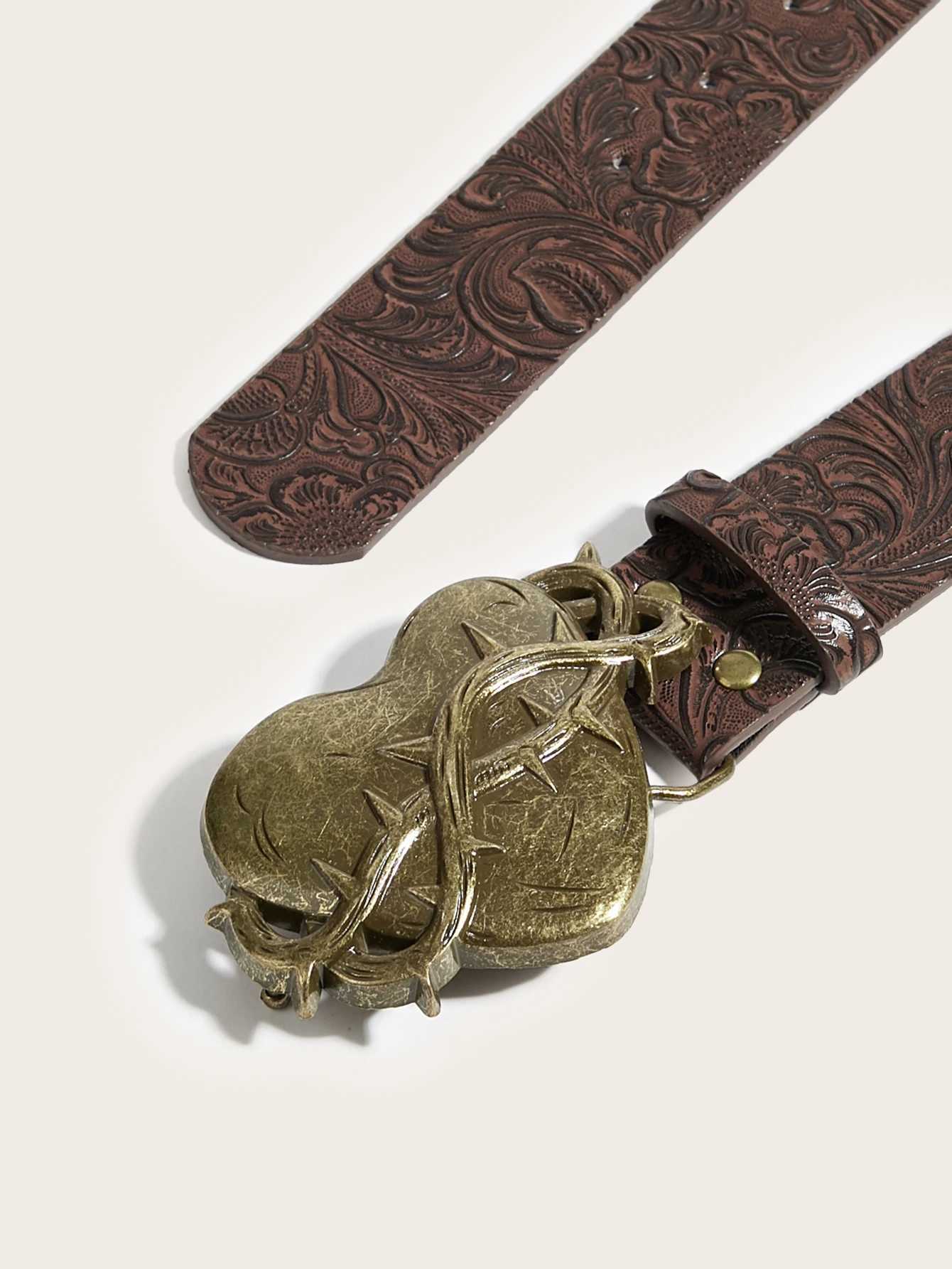 Heart 1pc Women Belt Western Brown PU Leather Embossed Waist Belt With Antique Gold Buckle For Jeans Dress Festival M261016