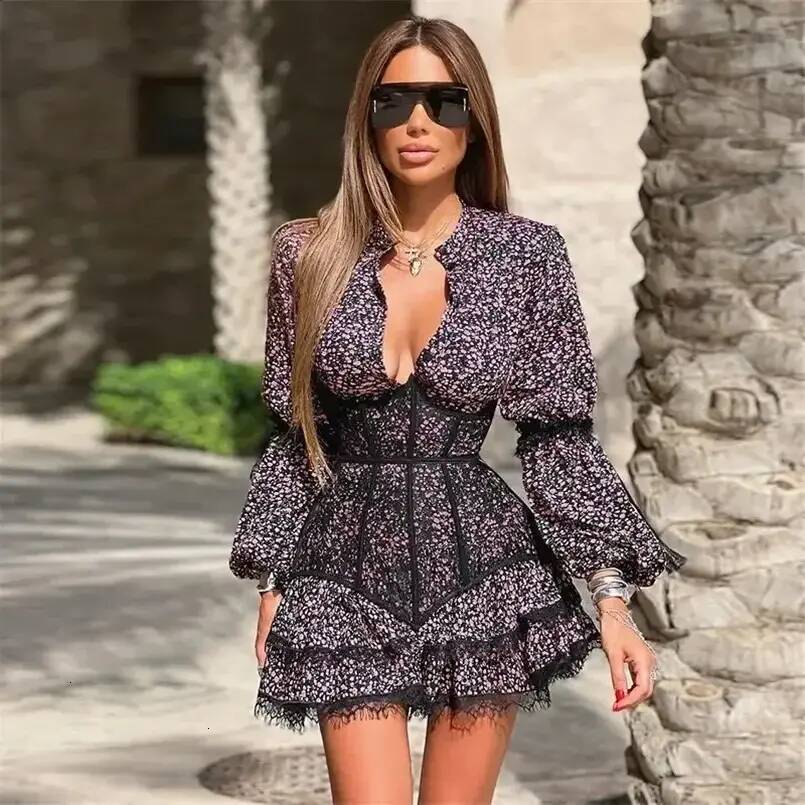 Women Casual everyday Dress Womens Clothing Summer Sweet Small Fresh Print Waist Long Sleeve Short Lace Dress Ladies Basic 1ed