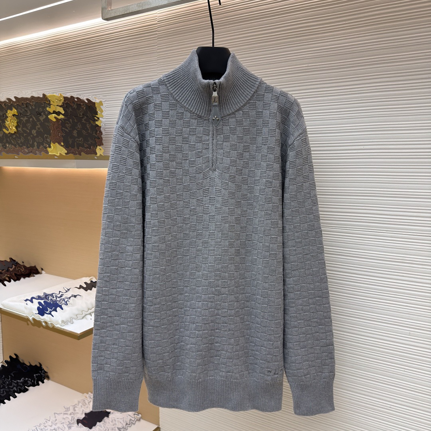 Designer Brand Clothing High Quality Men's Grey Checkered Half Zipper Stand up Collar Knitted Sweater Checkered Texture Half Open Loose Hooded