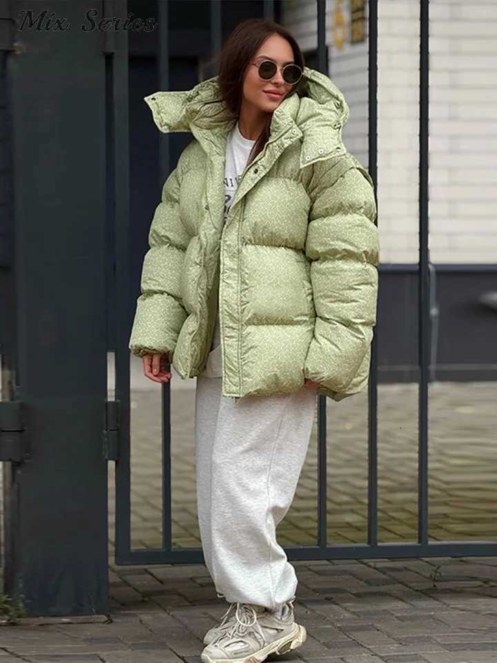 Women's Down Parkas Fashion Printed Hooded Padded Jacket Women Loose Zipper Full Sleeve Thicken Warm Coats 2026 Winter New Lady Casual Streetwe