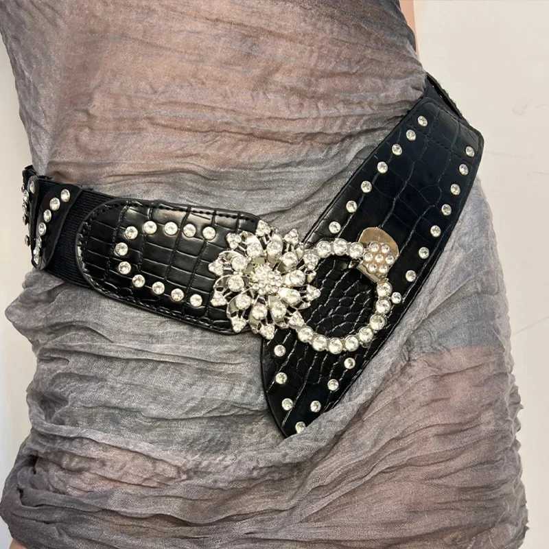 Rhinestone Splicing Wide Waistband Women Sexy Belts Bling Vintage Flower Punk Metal Buckle Y2K PU Leather Belt Skirt Accessories S26101757IB