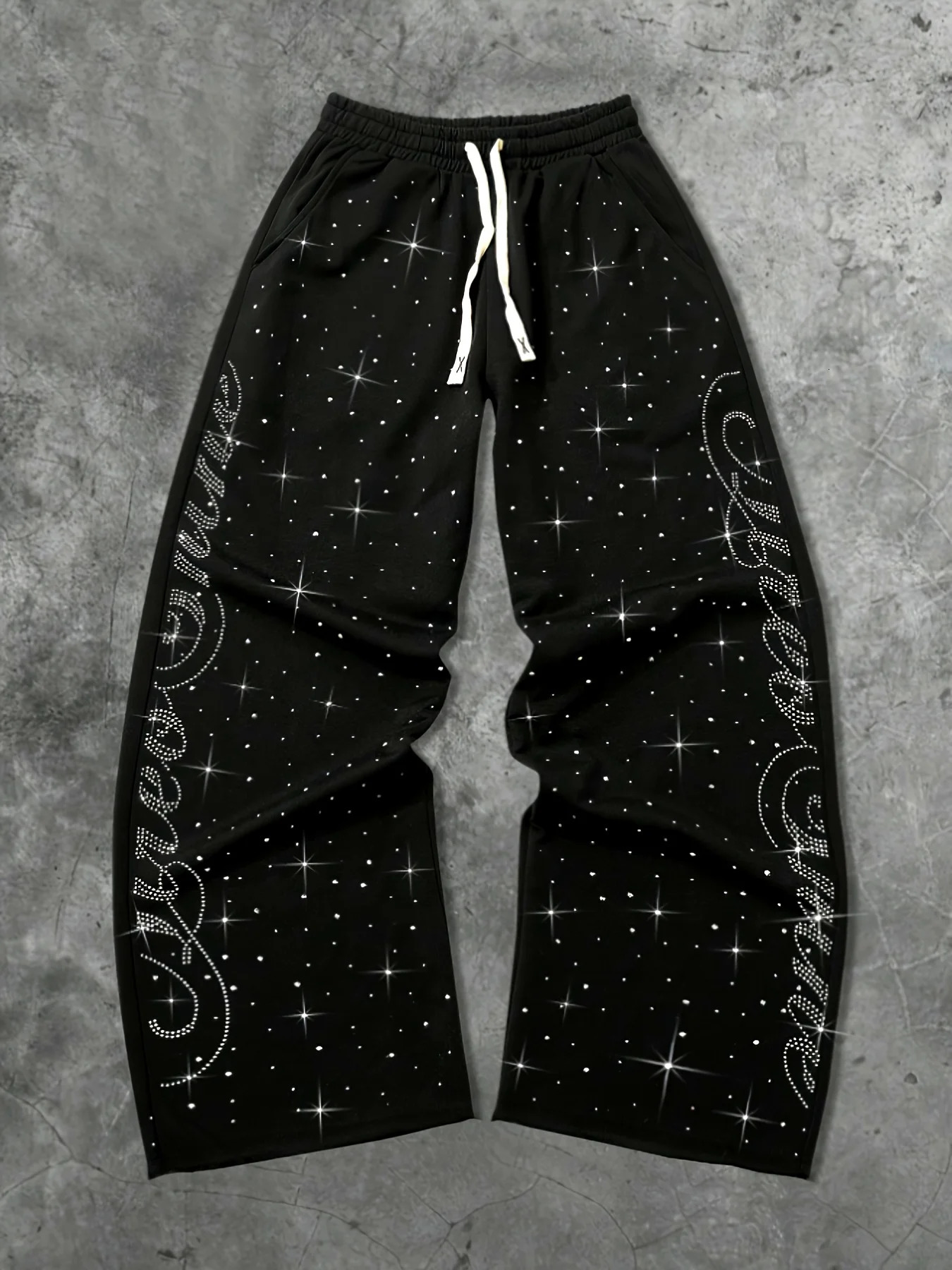 Mens Wide Leg Sweatpants Sparkling Star And Side Cursive Letter Elastic Waist Quick Dry Loose Streetwear Jogger Pants s 261013