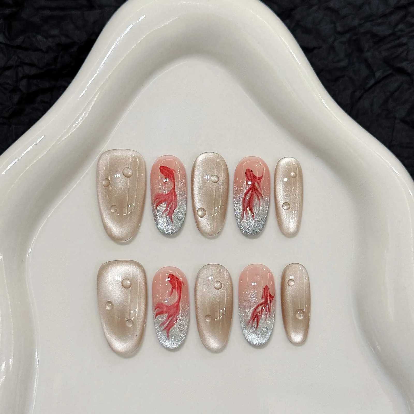 False Nails 10pcs Handmade Cat Eye Press on Nails Good Luck Goldfish Print Fake Nails Tips for Women Girl Wearable Chinese Style False Nails Q261017