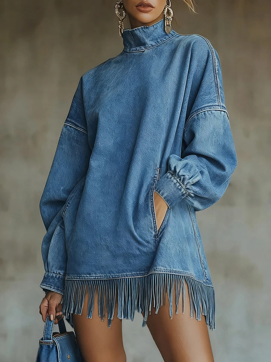 Denim Vintage Dresses Women Half High Collar Solid Color Tassel Hem Dress Fashion Long Sleeve Pocket Loose Sweatshirt Dress 261015