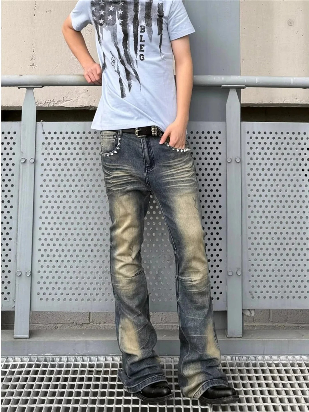 Retro American Mens Jeans Straight Leg Micro Flared Pants Vintage Washed Spring Autumn Rivet Splicing 261017