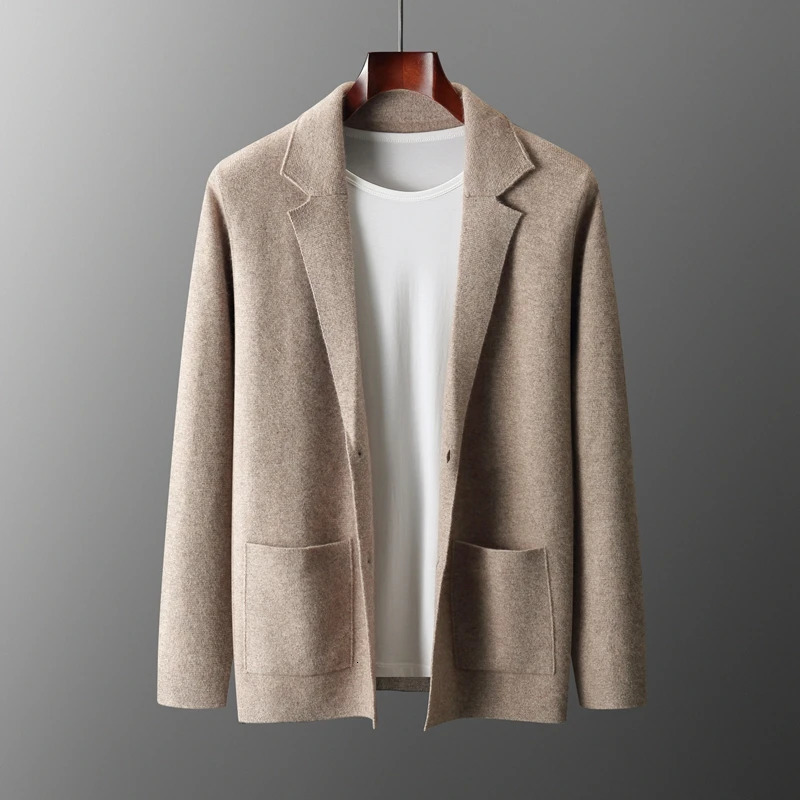 100% Merino Wool Mens Suit Collar Knitted Cardigan Autumn Winter Thickened Solid Color Shirt Cashmere Jacket Sweater 261017
