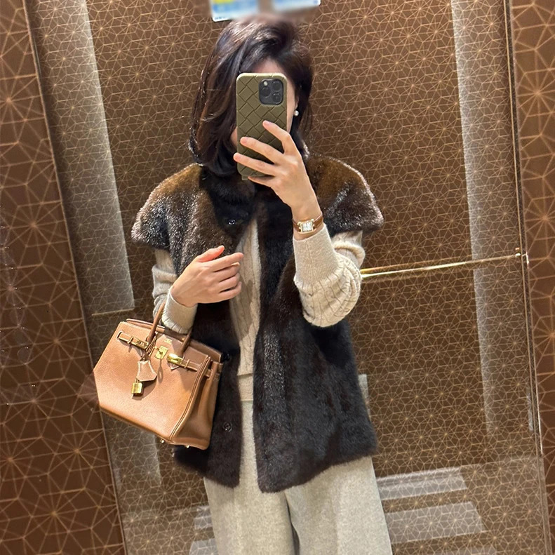 Women's Autumn Winter Faux Mink Hair Stand Collar Sleeveless Loose Vest Jacket Lady Streetwear Single Breasted Faux Fur Vest Top 261014