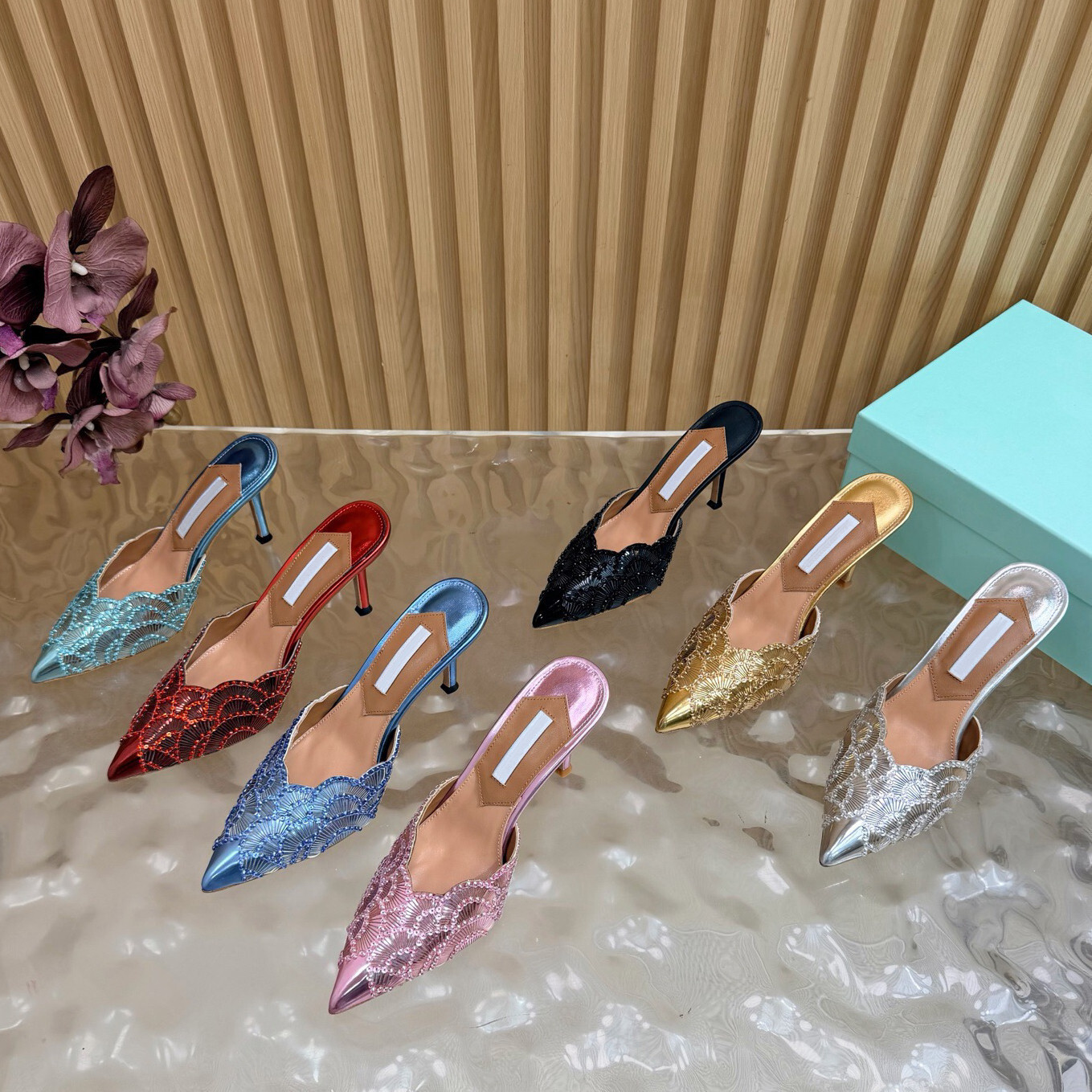 2026 New European and American Fashionable Sequin Stiletto Pointed-Toe Mules for Women with Sexy Closed-Toe Design
