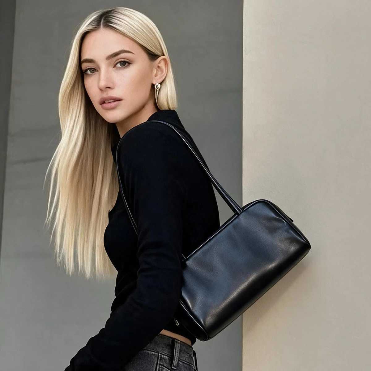Evening Bags Korean-style Top-grain Lambskin Bowling Bag Fashion Women's Genuine Leather Commuter Bag Minimalist Shoulder Bag Or Underarm Bag H