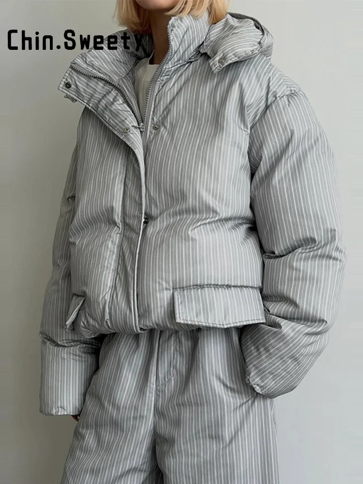Street Stripe Cotton Padded Coat Pant Women Set Loose Full Sleeve Hooded Zipper Jacket Elastic Waist Pants 2026 Winter Lady Suit 261016