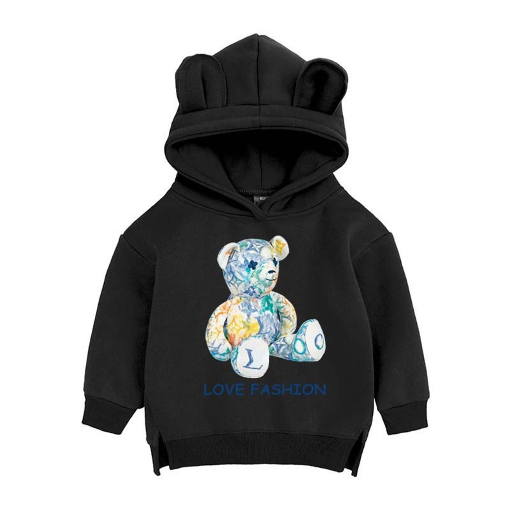Girls Hoodie Designer Ear Hood Kids Pullover Sweatshirt Watercolor Bear Print With Letter Detail pullover Side Slit Hem Soft Knit Fabric Casual Warm