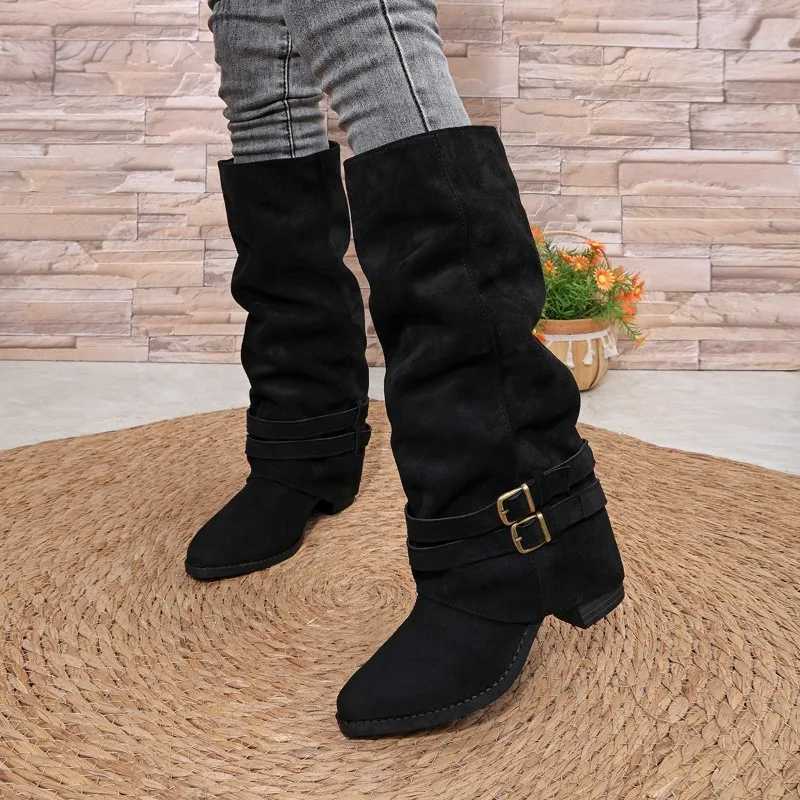 New Women Suede Knee High Boots Double Buckle Strap Low Block Heel Shoes Round Toe Autumn Winter Western Cowboy Boots Q261015