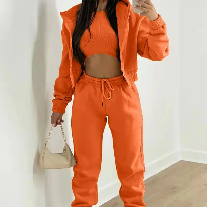 Women Suit Autumn Fashion Solid Color Simple Hooded Long-sleeved Zipper Sweater Sports Casual Pants Three-piece Suit In Waist 261016