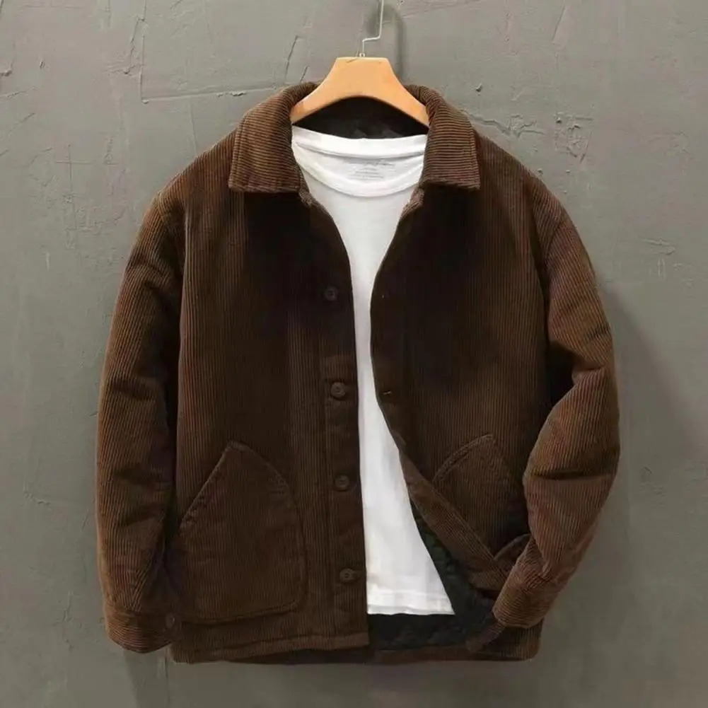 Mens Casual Lapel Collar Jacket Corduroy Winter Warm Thick Coat Retro Streetwear for Daily Wear Commute 261016