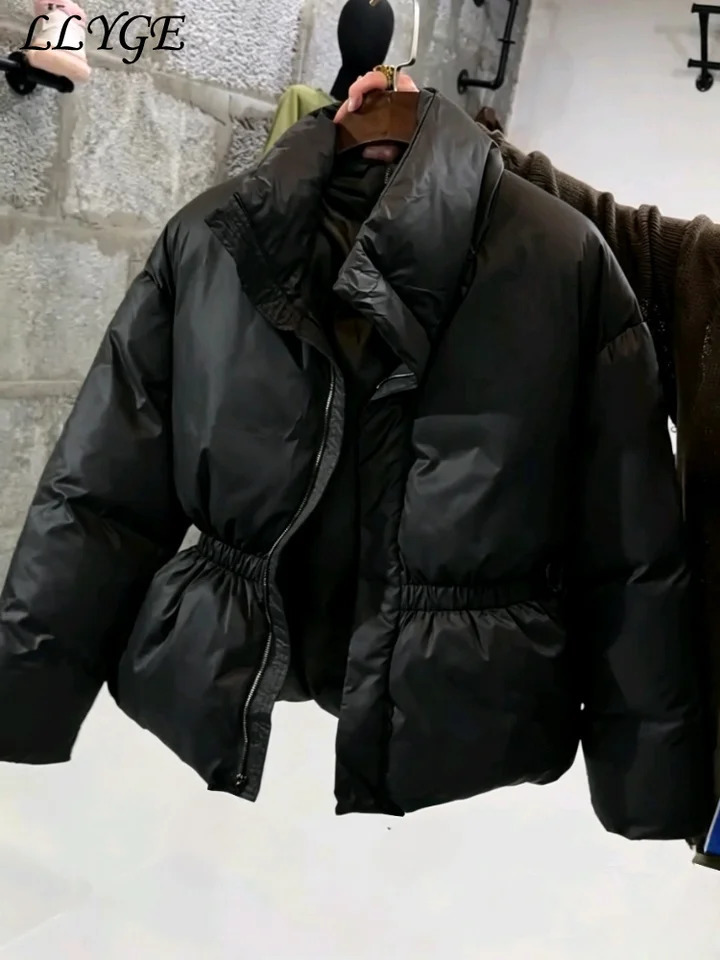 Casual Womens Waist Cinched Padded Cotton Coats Stand Collar Zipper Full Sleeve Coat 2026 Autumn Winter Lady Down Jacket 261016
