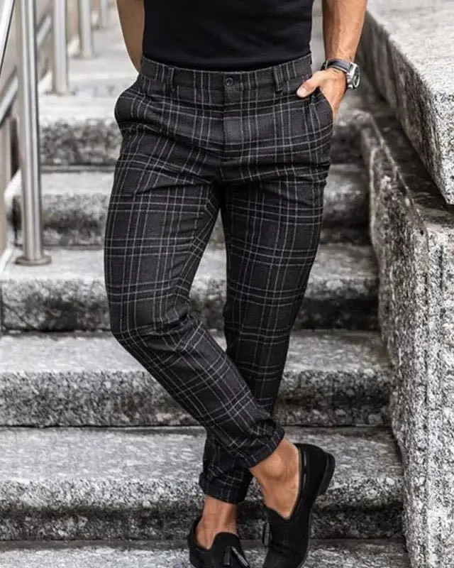 2026 Mens Casual Plaid Pants Fashion High Stretch Slim Straight Leg Trousers Men Business Social Allmatch Small Feet 261017